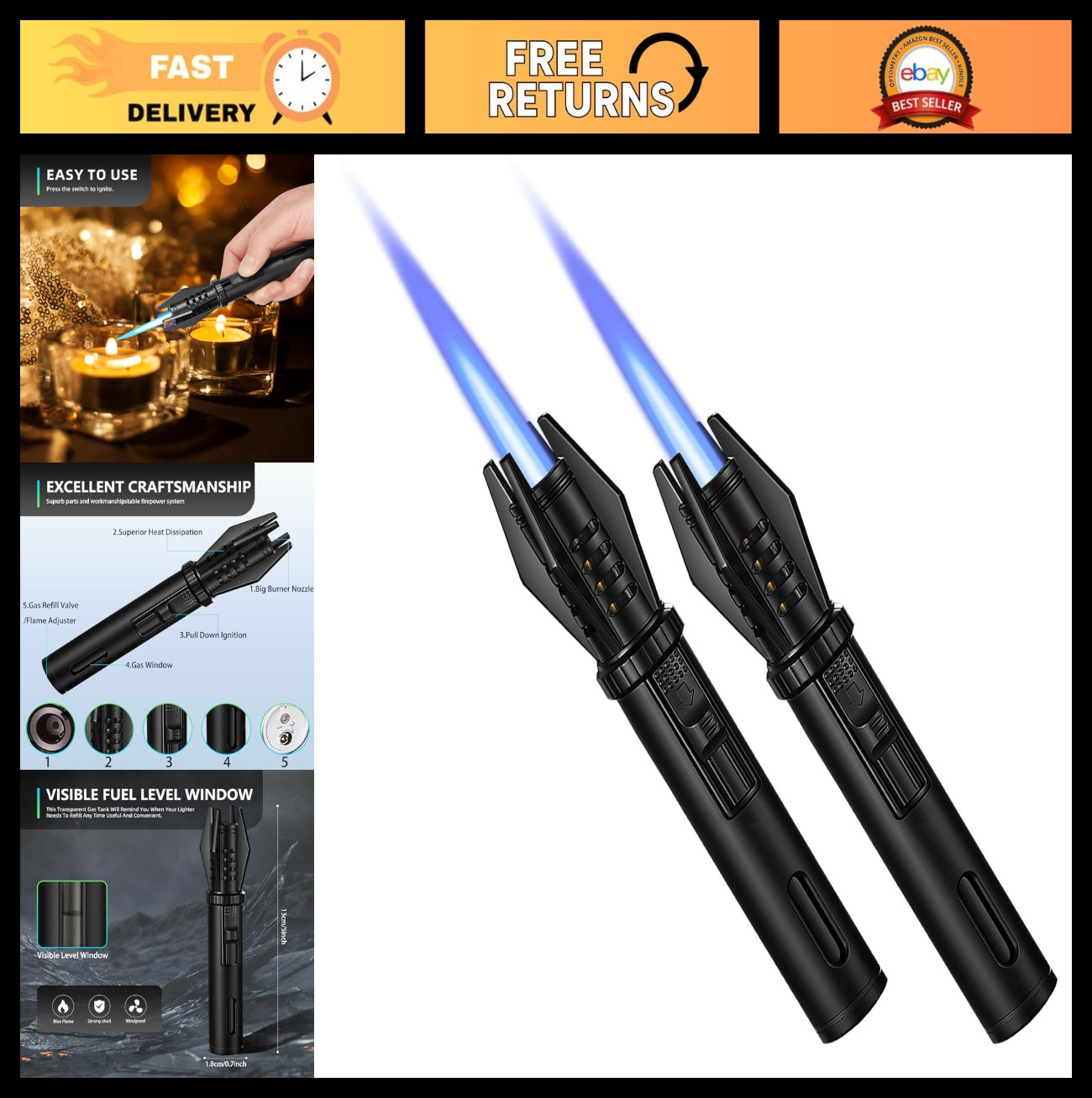 2 Pack Mini Torch Lighter – Refillable Butane Pocket Windproof Jet Flame for BBQ