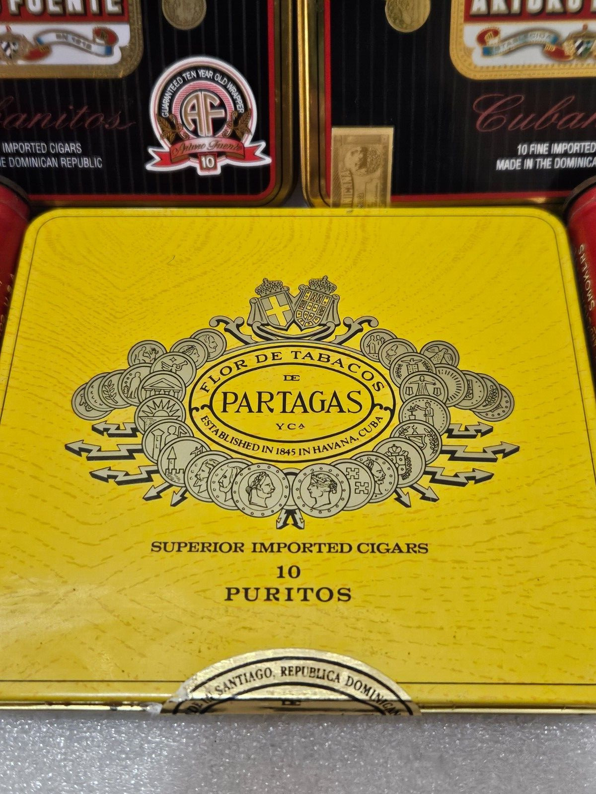 Lot of 5 Empty Pipe Tobacco/Cigarette Tins Arturo Fuente,Partagas,Prince Albert