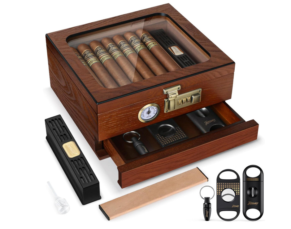 Cedar Wood Cigar Humidor Glass Top Desktop Box Digital Hygrometer Humidifier