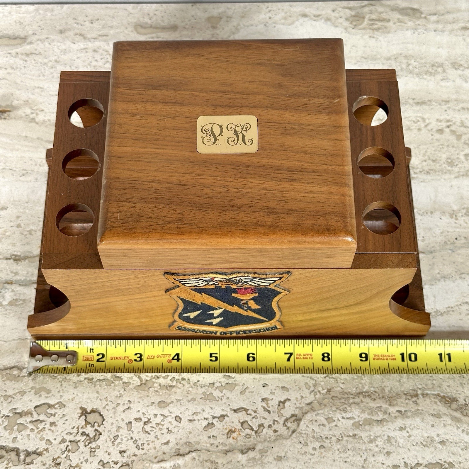 Vintage Decatur Ind. Walnut 6 Pipe Rack/Stand Humidor~Maxwell AFB SOS Patch