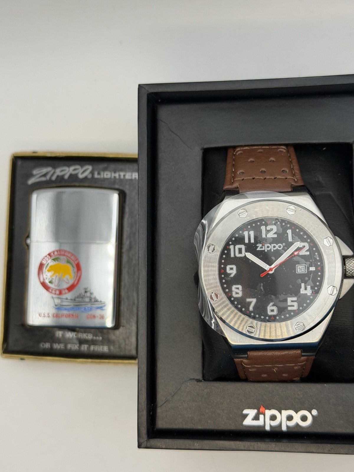 Vintage 1977 USS California CGN 36 HP Chrome Zippo Lighter W/ Casual Men’s Watch