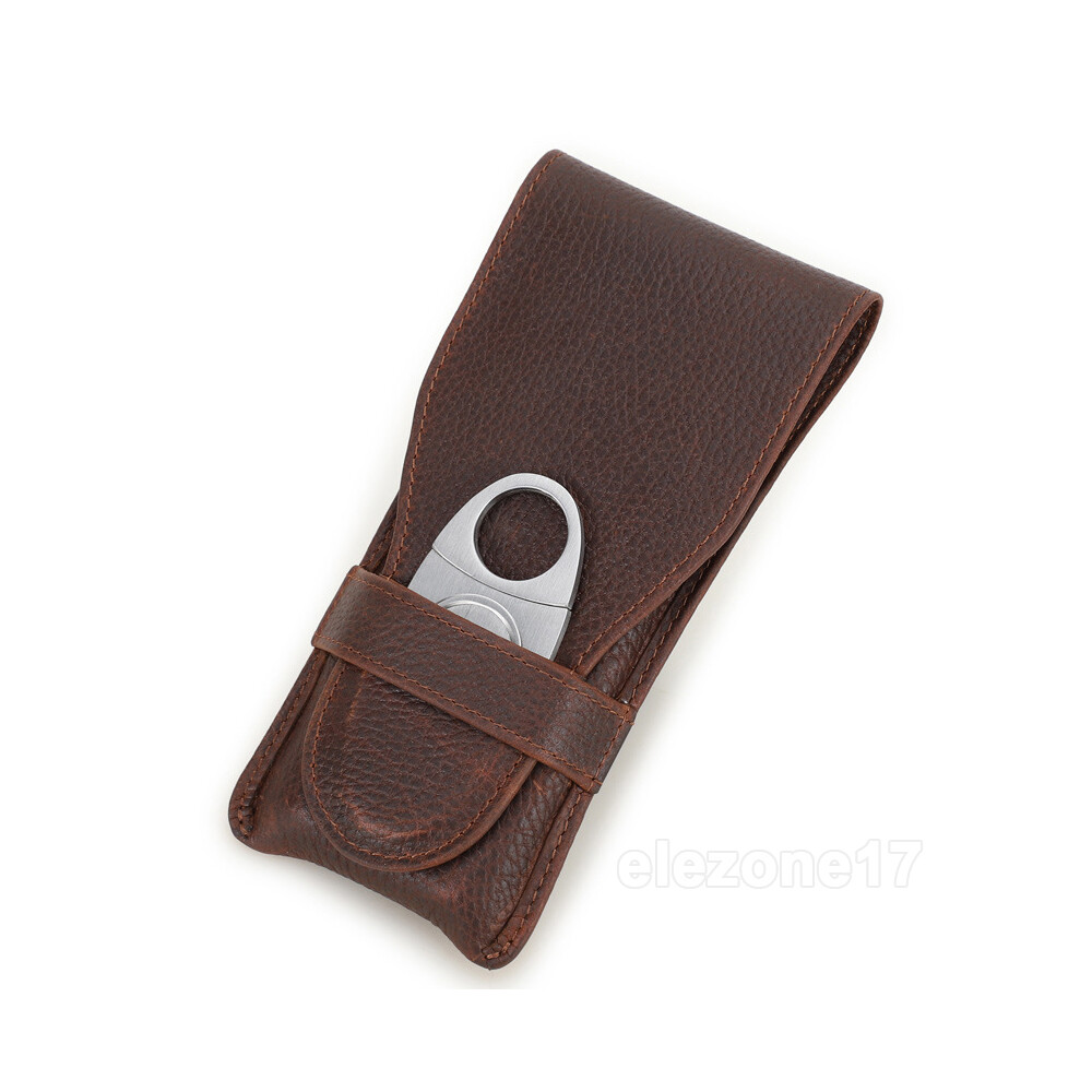3 Tubes Genuine Leather Cigar Case Travel Humidor Portable Cigars Cutter Holder