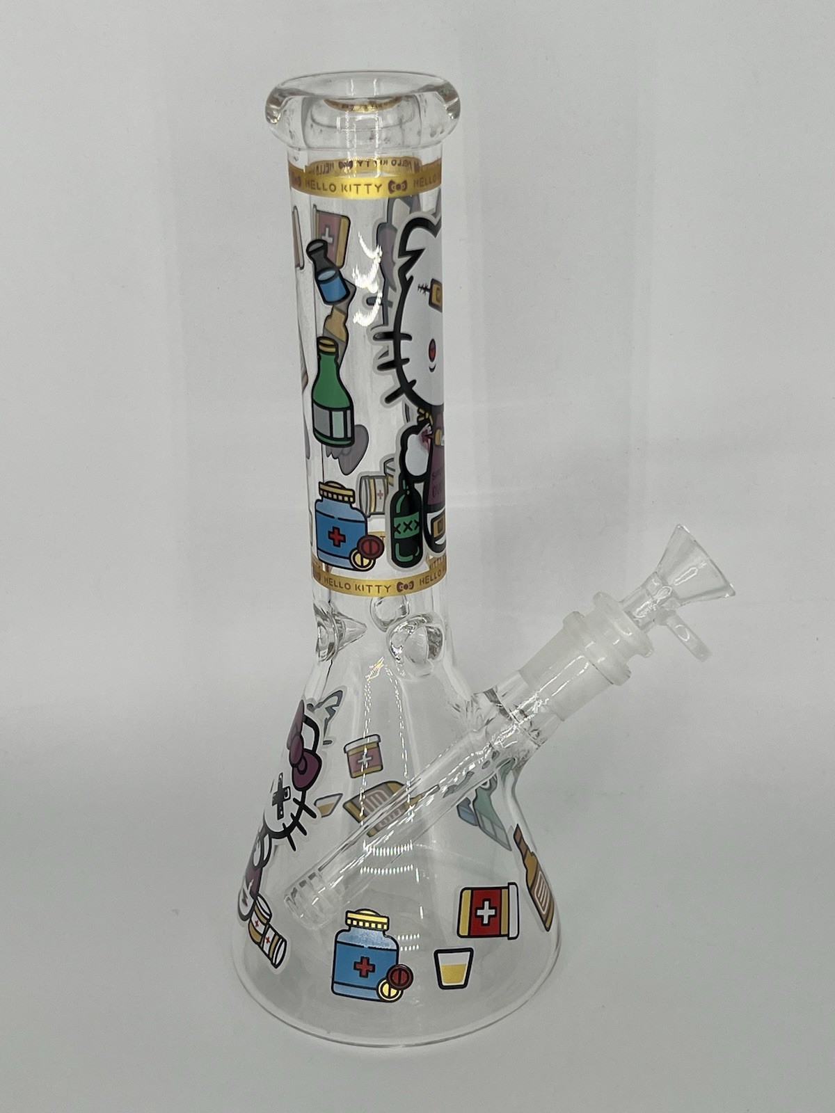 10” GLOW N DARK HELLO KITTY BONG X OVER EYE ICE CATCHER 14mm BOWL 2 FREE GIFTS