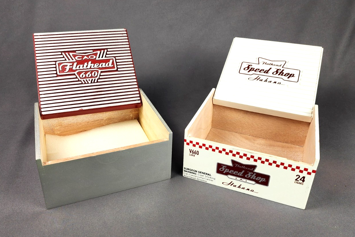 Lot of 2 CAO Flathead V660 Carb Speed Shop Empty Cigar Boxes HotRod Garage Décor