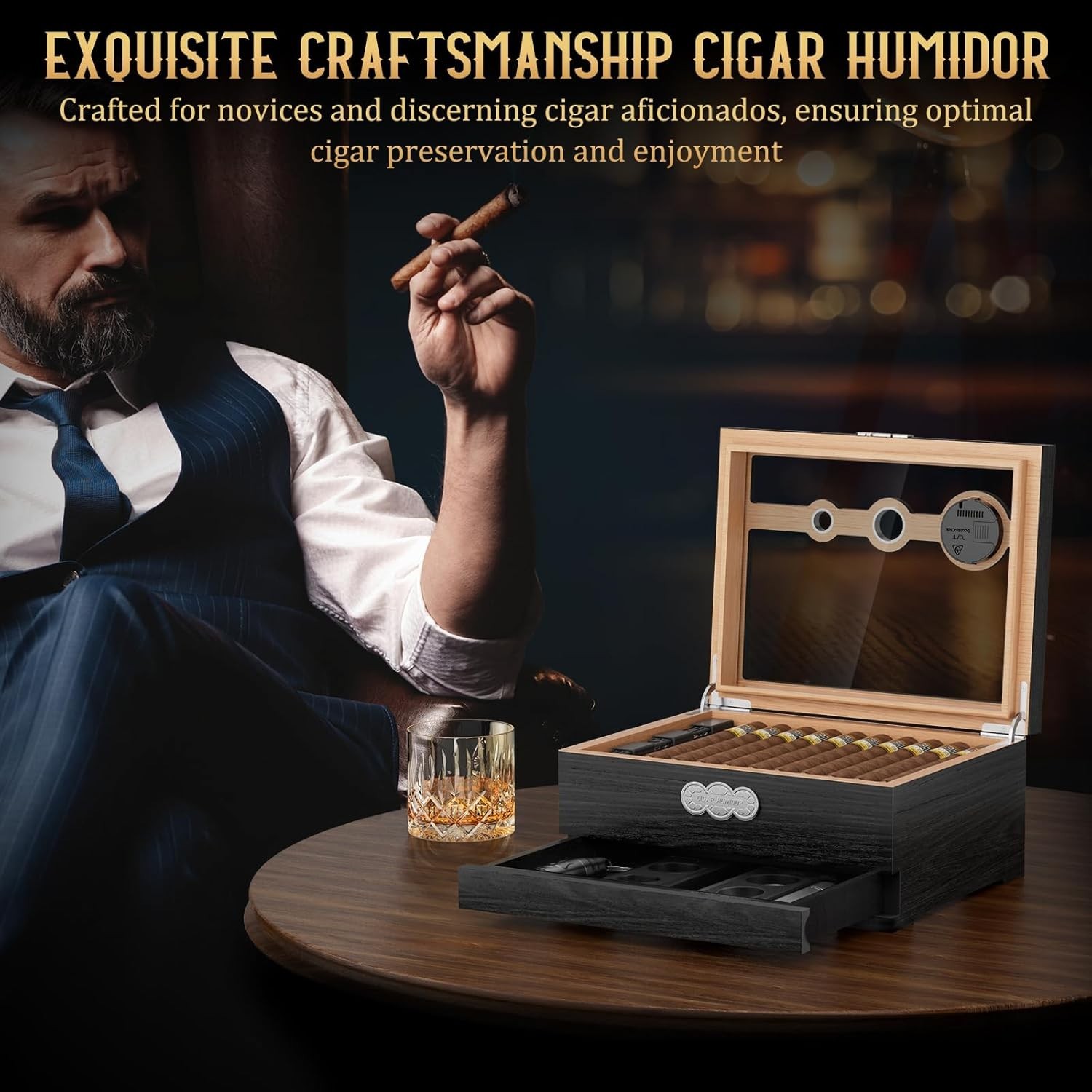 Cedar Wood Cigar Humidor Glass Top Desktop Box Digital Hygrometer Humidifier