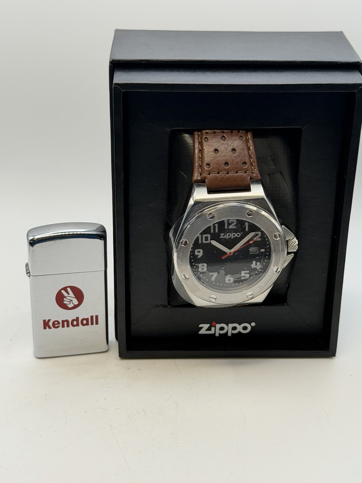 Vintage 1977 Kendall Oil Double Sided Chrome Zippo Lighter W/ Casual Men’s Watch