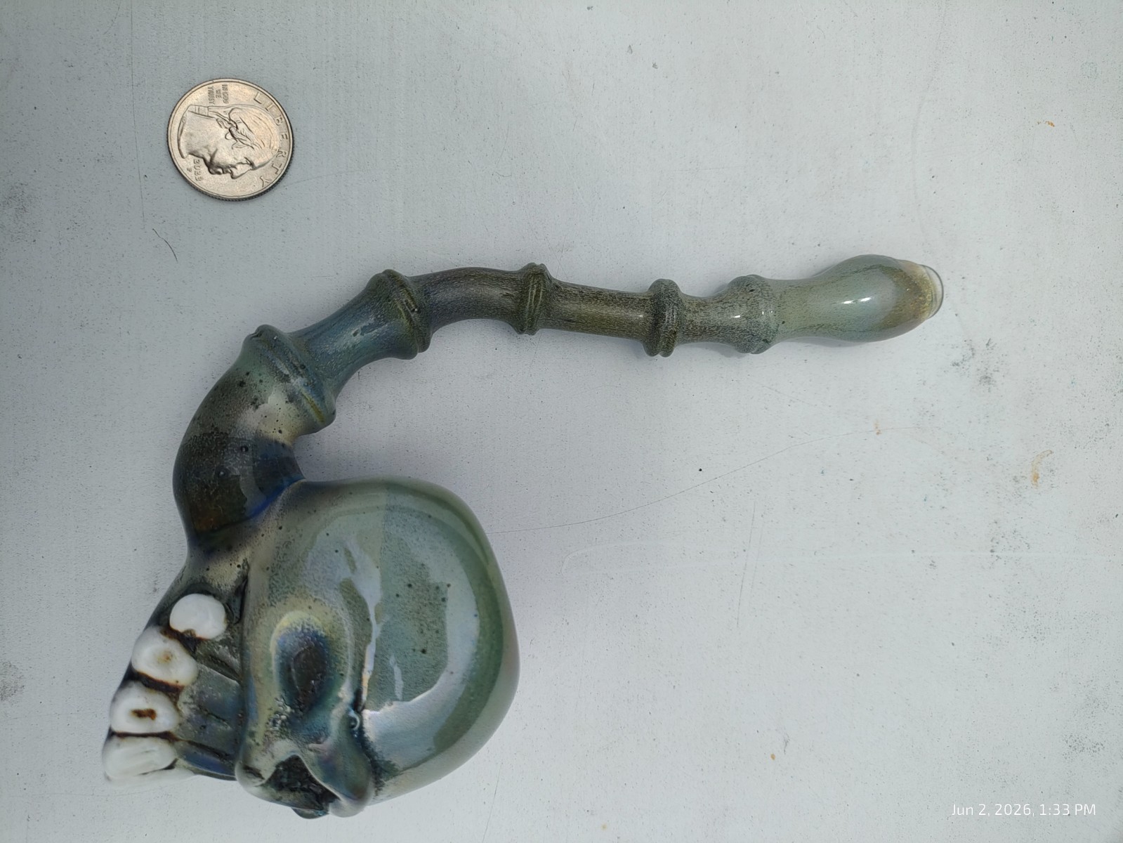 Signed Wusavi WZ Ghost Glass Apprentice Skull Hand Pipe Heady Art Glass