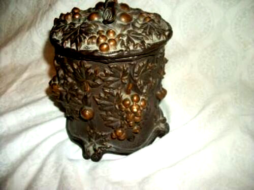 1880s Germany Tobacco Jar Humidor Majolica Grapes Brown Gold Antique Pottery