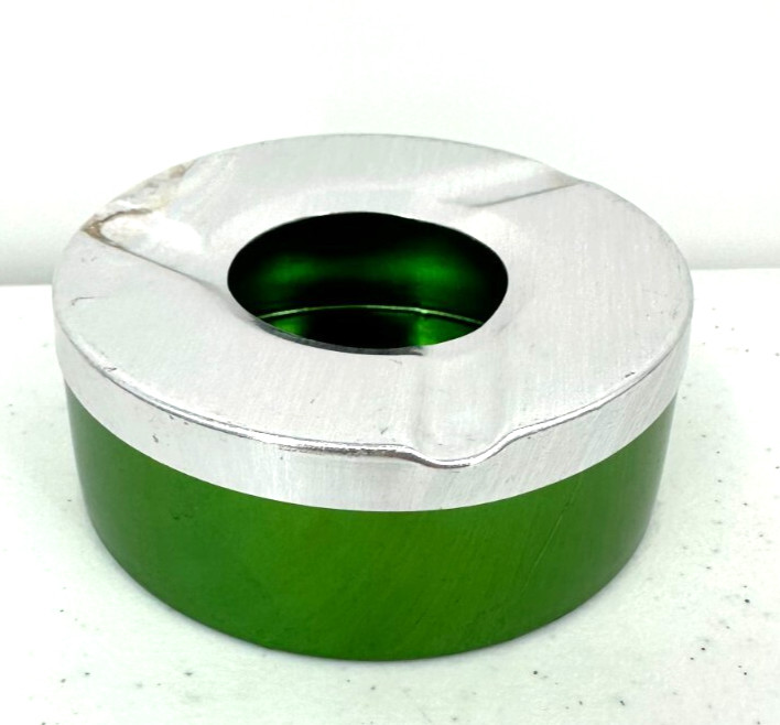 Mid-Century Modern Round Green Metalware Aluminum Ashtray With Silver Metal Lid