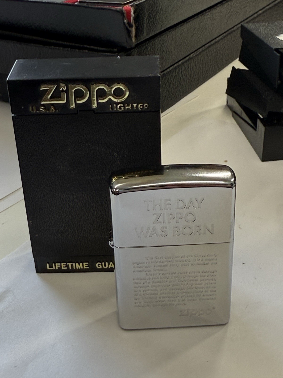 ZIPPO 1999 THE DAY ZIPPO WAS BORN POLISHED CHROME LIGHTER UNFIRED IN BOX C798