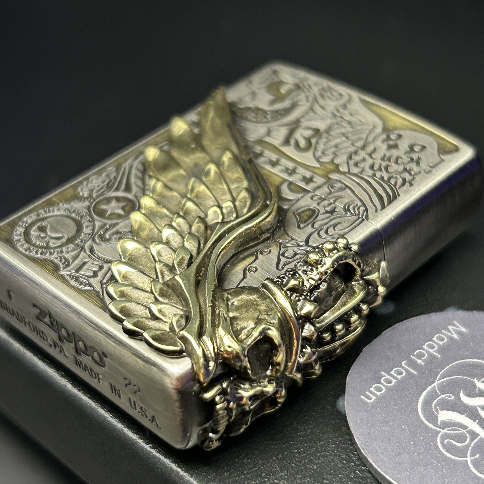 Zippo Lighter Fortune Head Lucky Owl Crown Skull 3 Sided Metal Gold Silver Brass