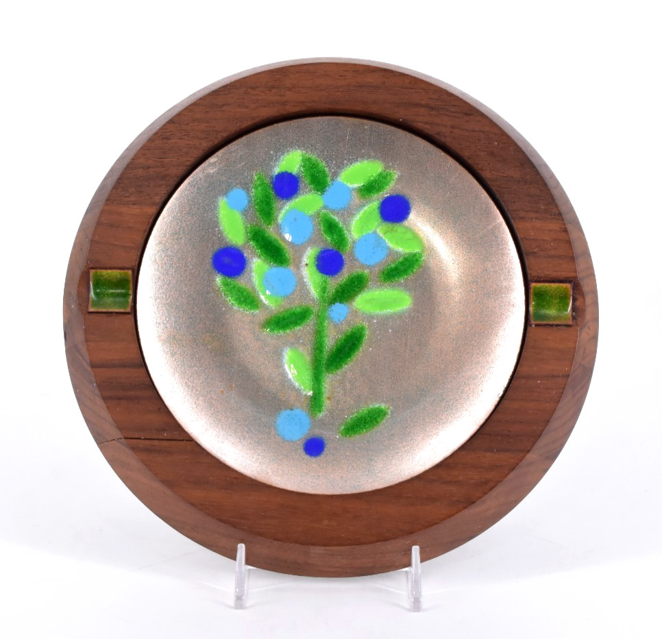 VTG ERNEST SOHN Ashtray Enamel on Copper Insert in Walnut Base 8.5″
