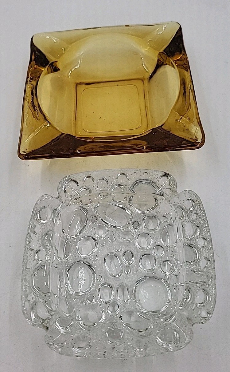 Vintage Anchor Hocking Classic Square Amber Gold Glass & Clear Bubble Ashtrays