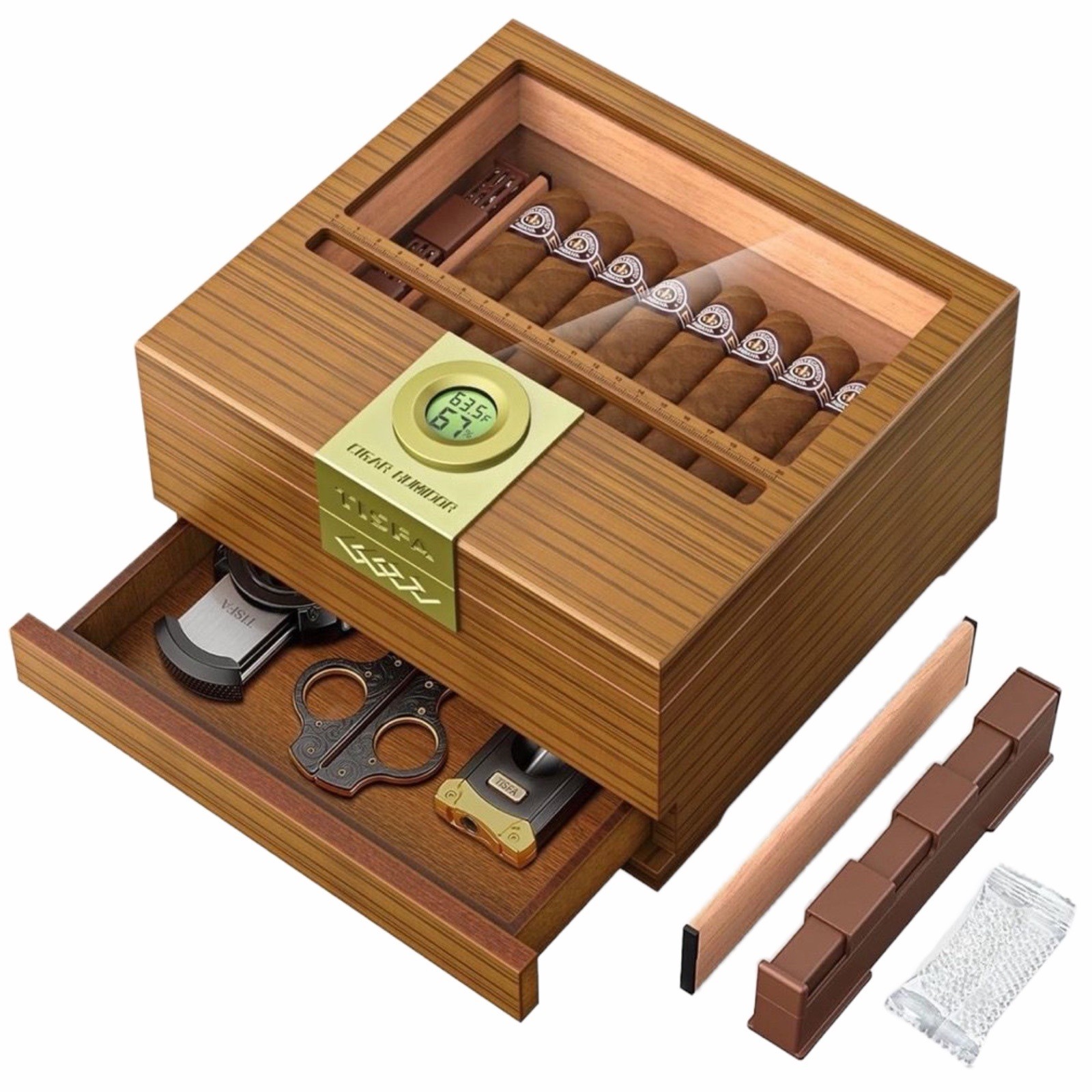 TISFA Cedar Wood Cigar Humidor Box with Digital Hygrometer & Glass Top