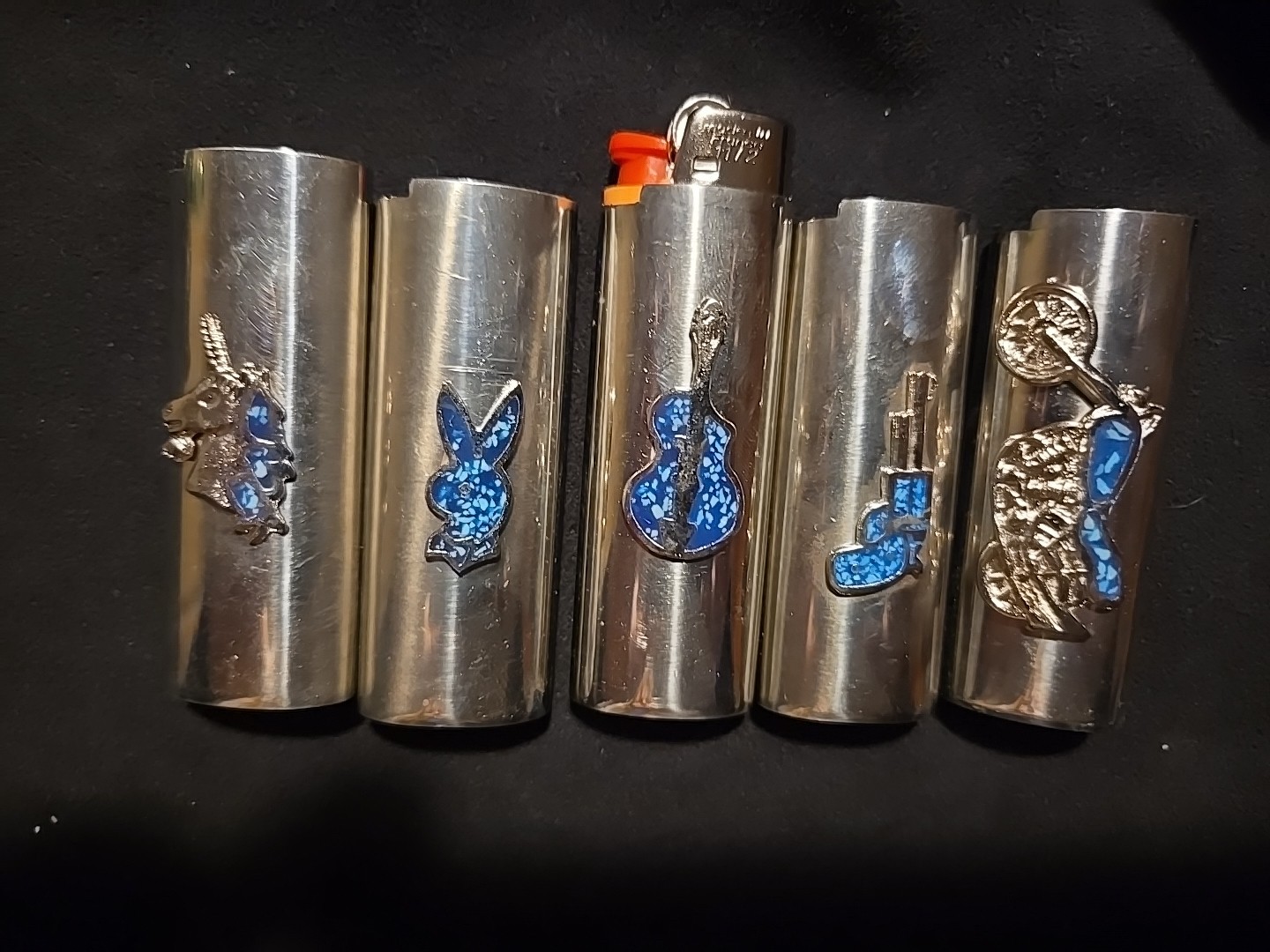 Vtg Lighter Case Lot Gun Motorcycle Playboy Bunny Cover Holder Turquoise for Bic