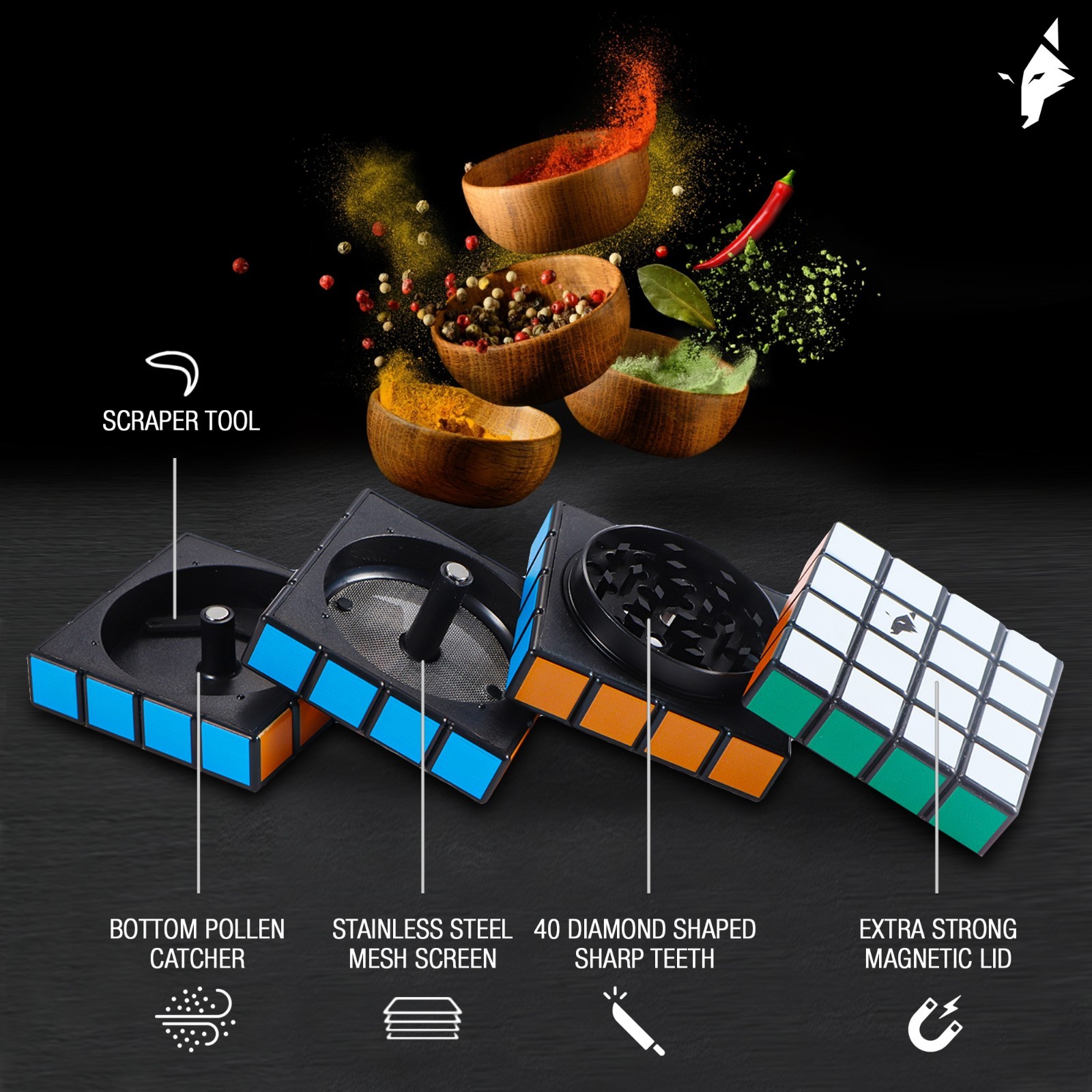4 PCS Tobacco Herb Grinder Spice Herbal Crusher 2.3 inch Zinc with Magnetic Lid