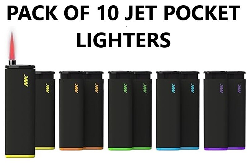 MK PACK OF 10 Assorted Colors Jet Windproof Black Style Pocket Lighters (702003)