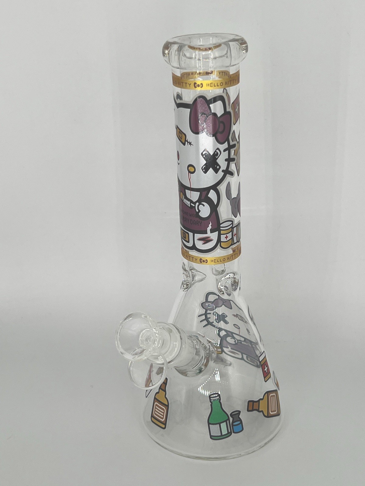 10” GLOW N DARK HELLO KITTY BONG X OVER EYE ICE CATCHER 14mm BOWL 2 FREE GIFTS