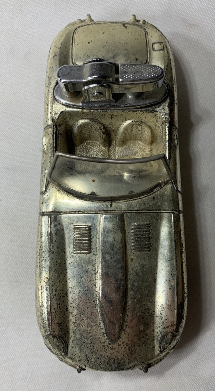 Vintage 1960s Cast Metal Jaguar E-Type Tabletop Lighter 4.5” Patina