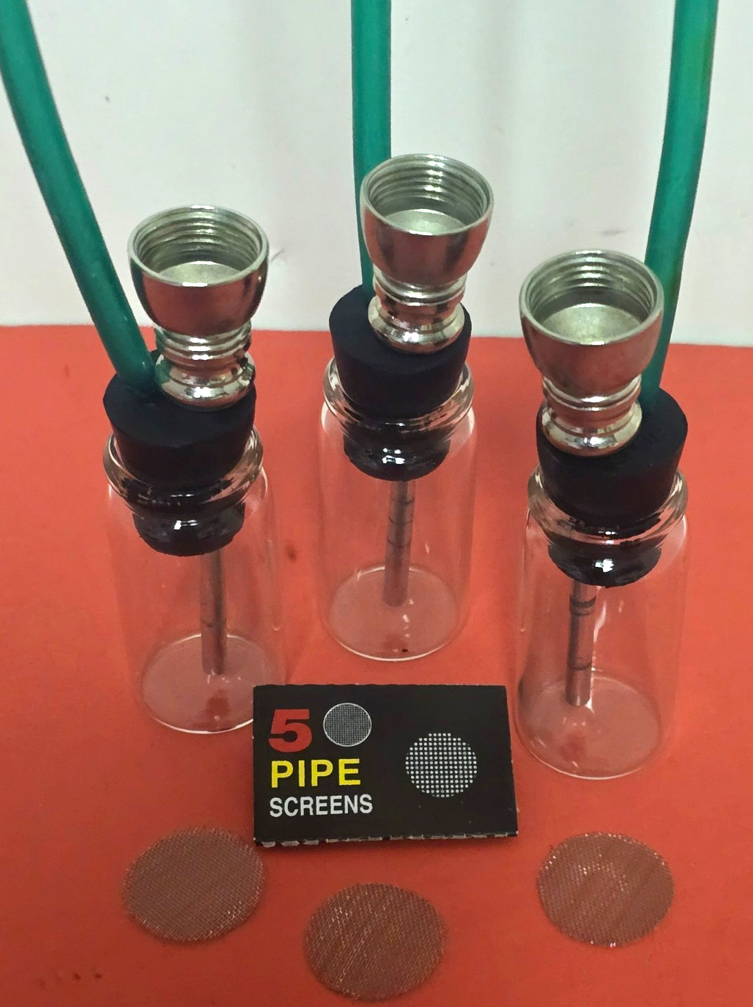 Set of 3 Mini Acrylic Plastic 3″ Bubbler Smoking Hand Pipes & 5 Screens (Green)