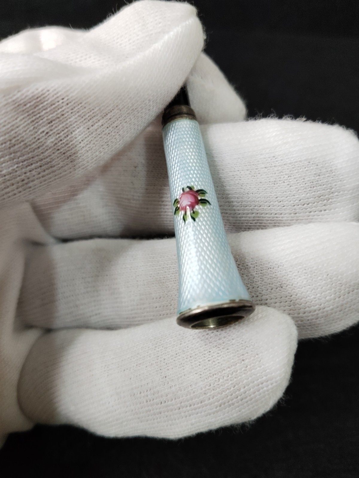 Vintage Sterling Silver-Guilloche Enamel Cigarette Holder-Mint Green w/HP Roses