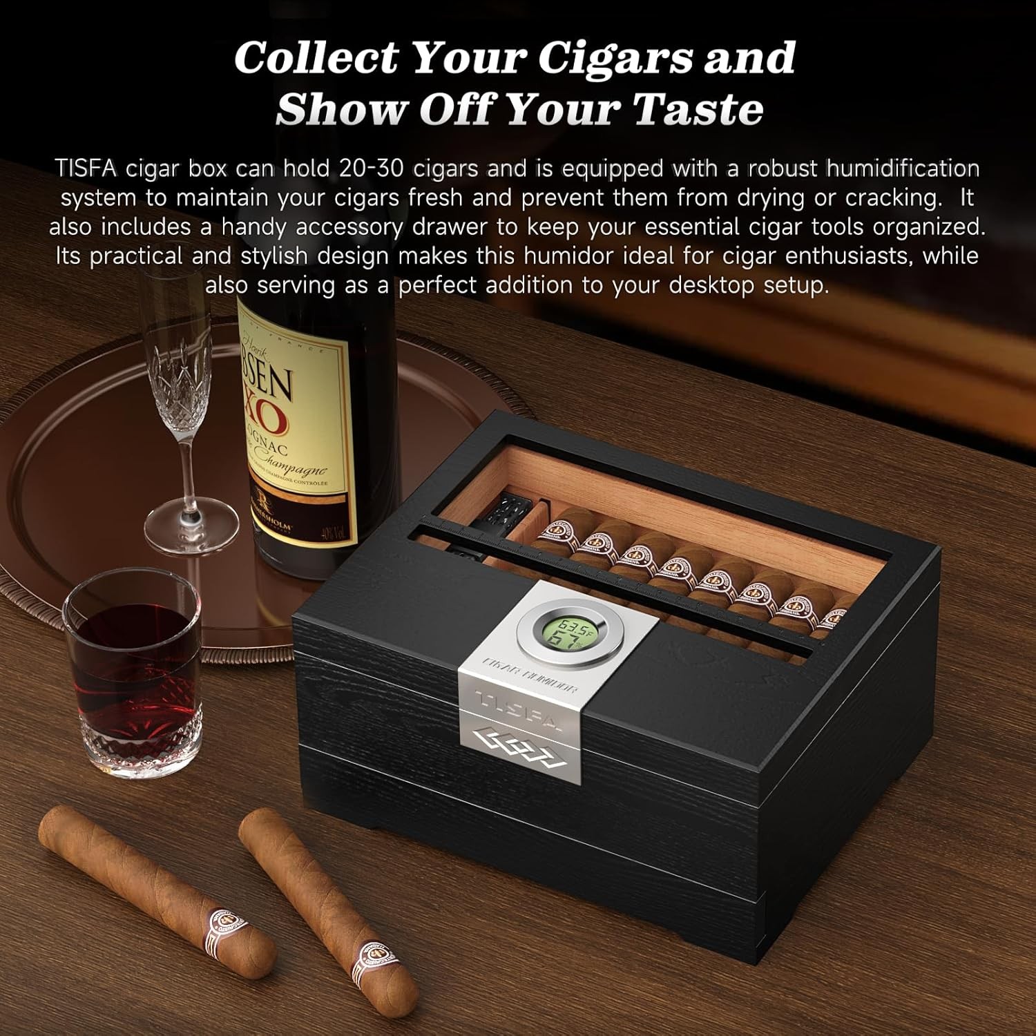 Cigar Humidor, Cedar Wood Desktop Humidor Box with Digital Hygrometer, Adjustabl