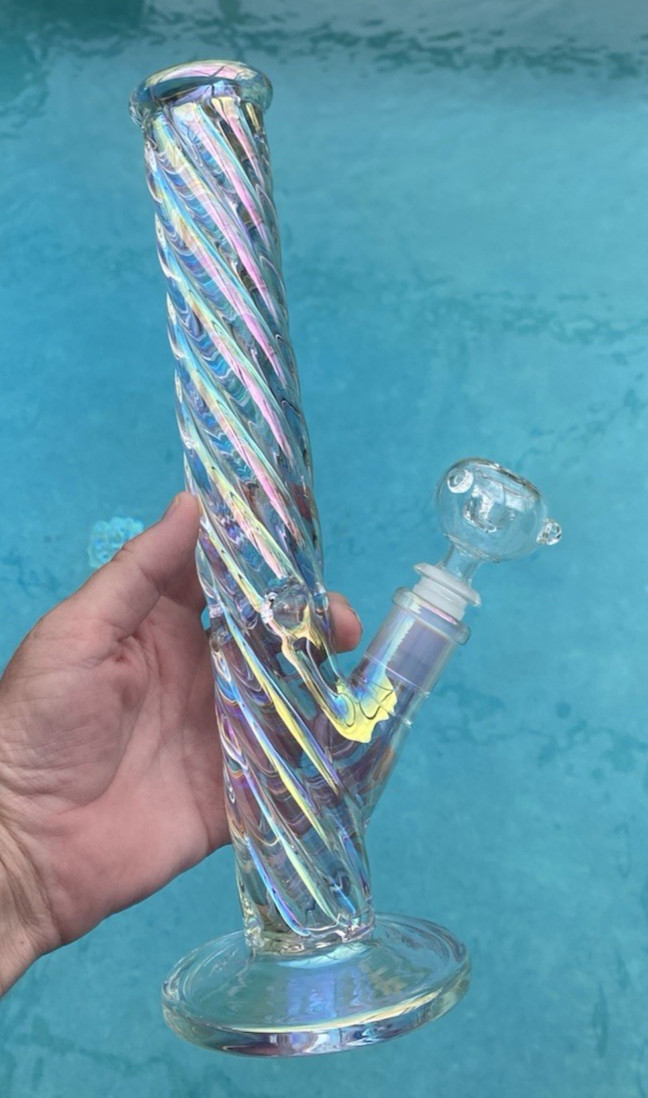 12″ Holographic Rainbow Heavy 7mm Borosilicate Glass Bong 3 Pinch Ice Catcher