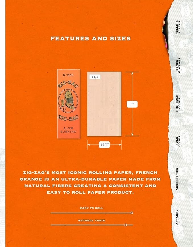 😎ZIG ZAG ORANGE CIGARETTE ROLLING PAPERS 1 1/4, 6 BOOKLETS✨👀