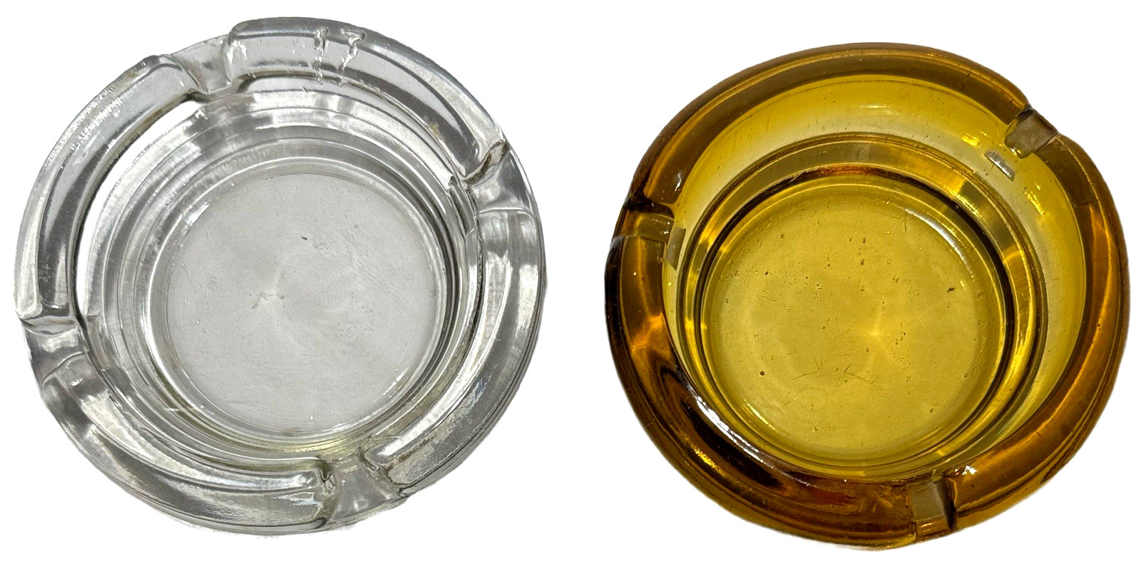Lot of 2 Amber & Clear Glass Cigarette Ashtray Vintage Round Heavy 4 Notches 4”