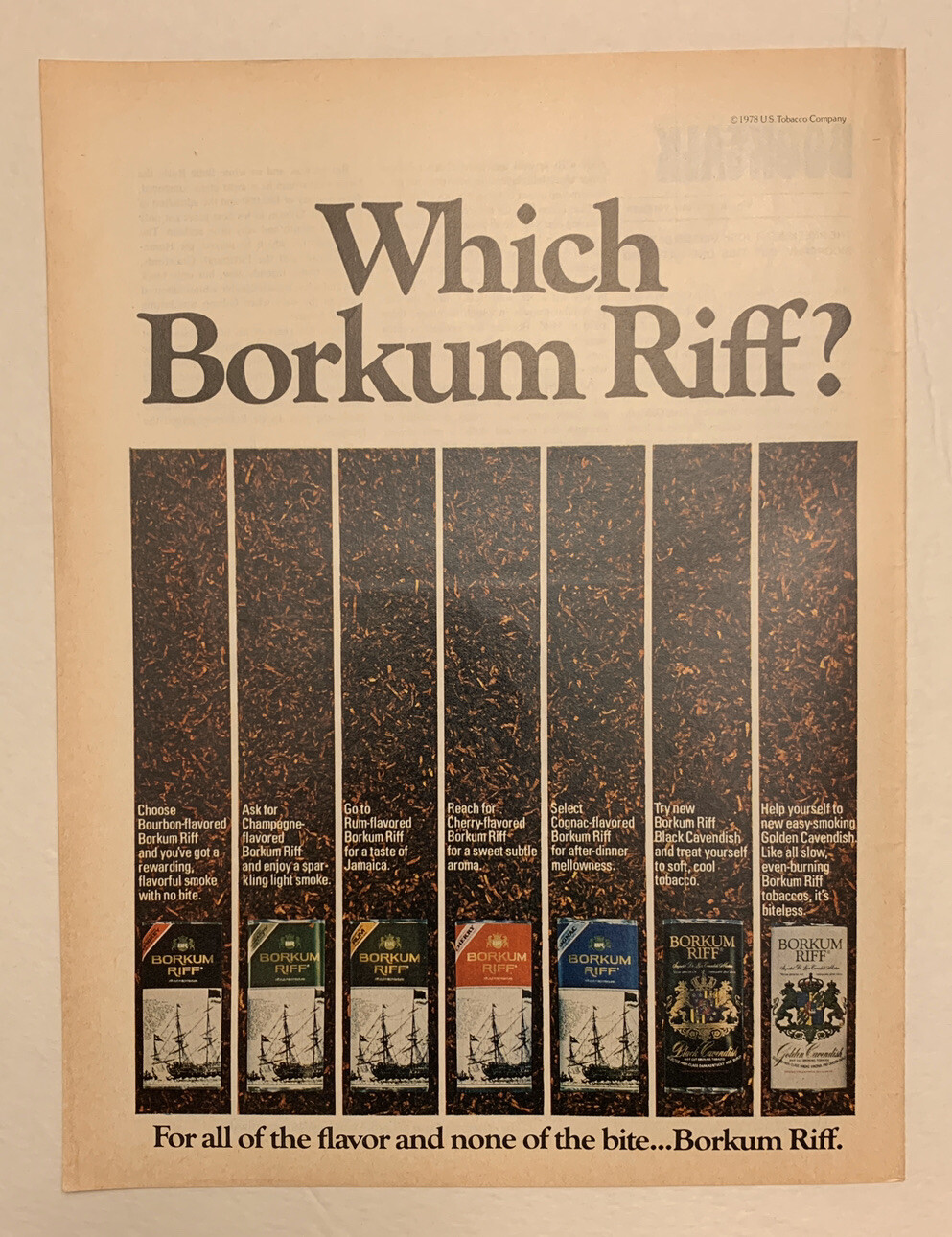 1978 Borkum Riff Tobacco Print Ad Swedish Original Vintage All Flavor No Bite