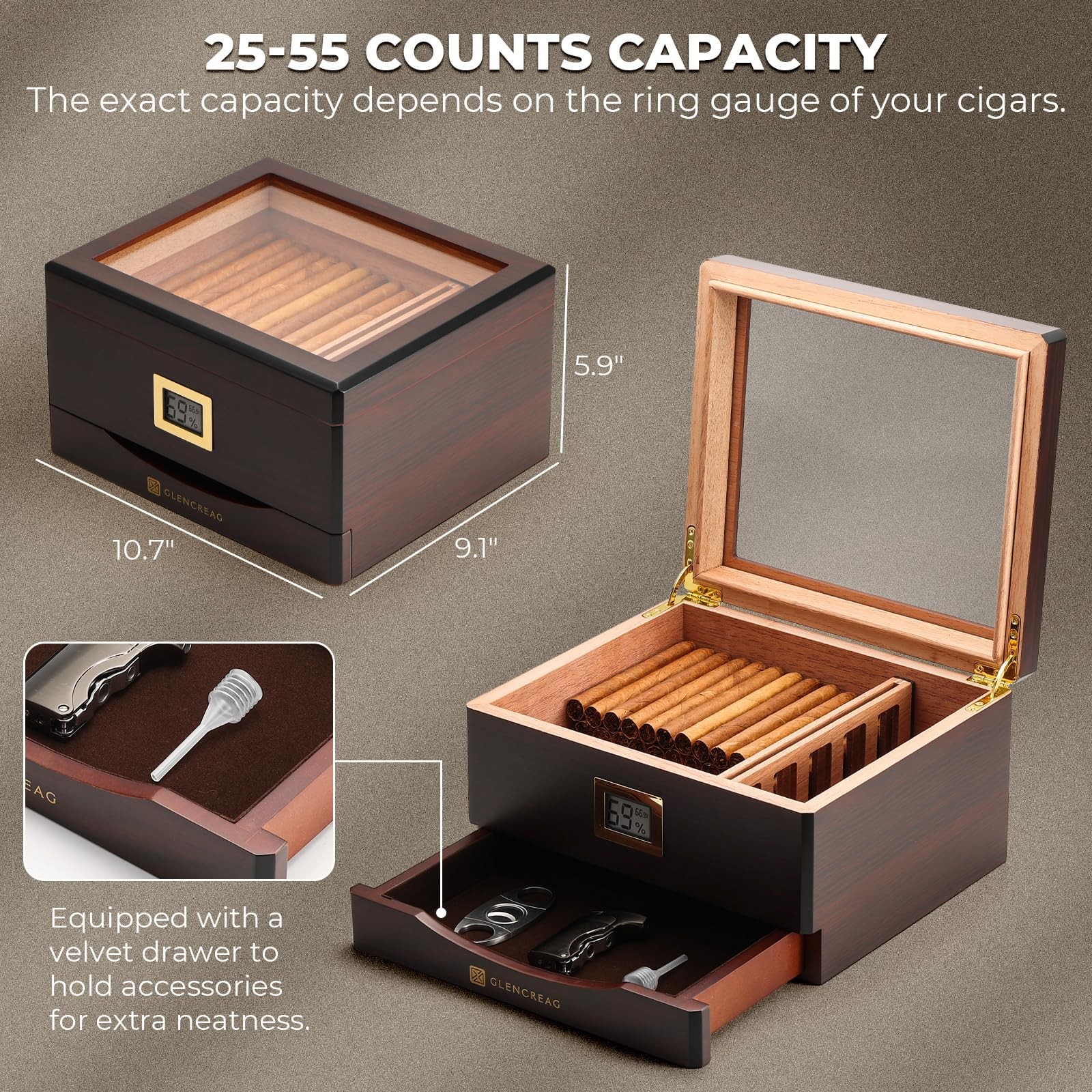 MMT-3041 Cigar Humidor Box for 55 Counts, See-Through Design with Spanish Ced…