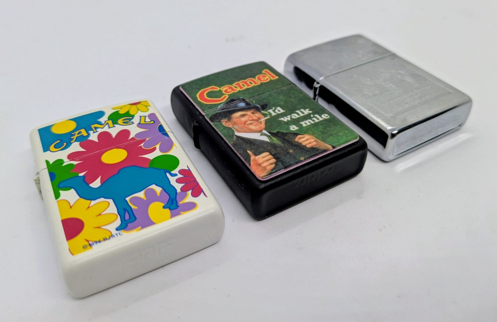 *3 Camel Zippo Lighter Lot!* 1990s Flowers “I’d Walk A Mile” Turkish Chrome NEW!