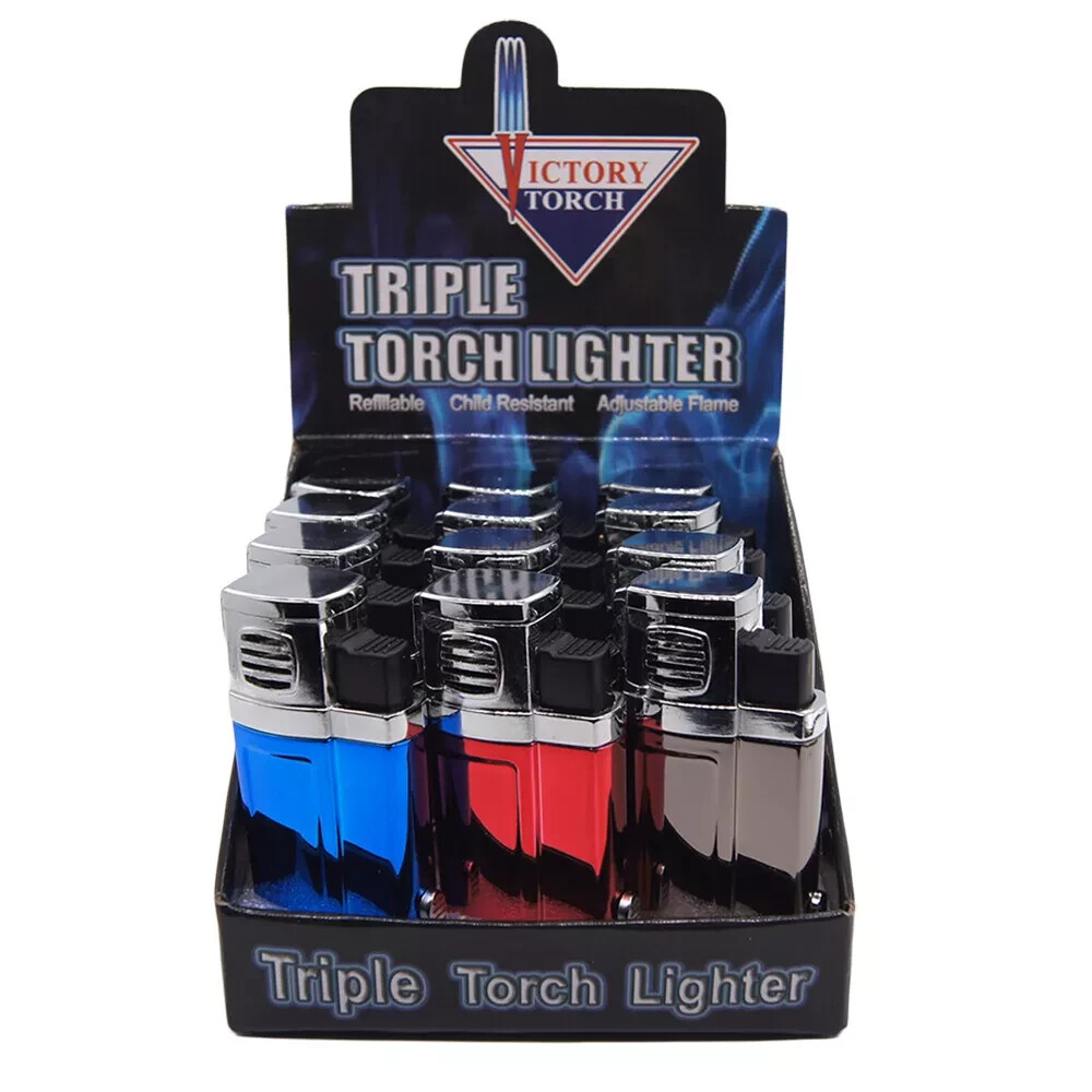 4 PACK Triple Jet Torch Lighter Adjustable Flame W/ Cigar Puncher Shinny Colors