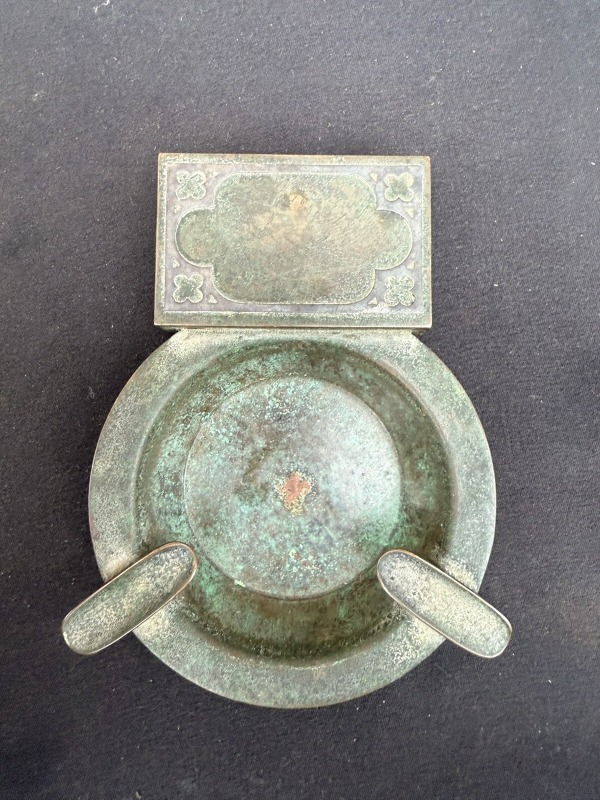 Silver Crest Bronze Ashtray Match Holder #402 Antique Patina Art Deco RARE