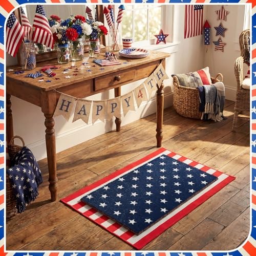 2 Pcs Door Mat Set, Layered Thick Mats Combo with Blue Star Red 4th of July
