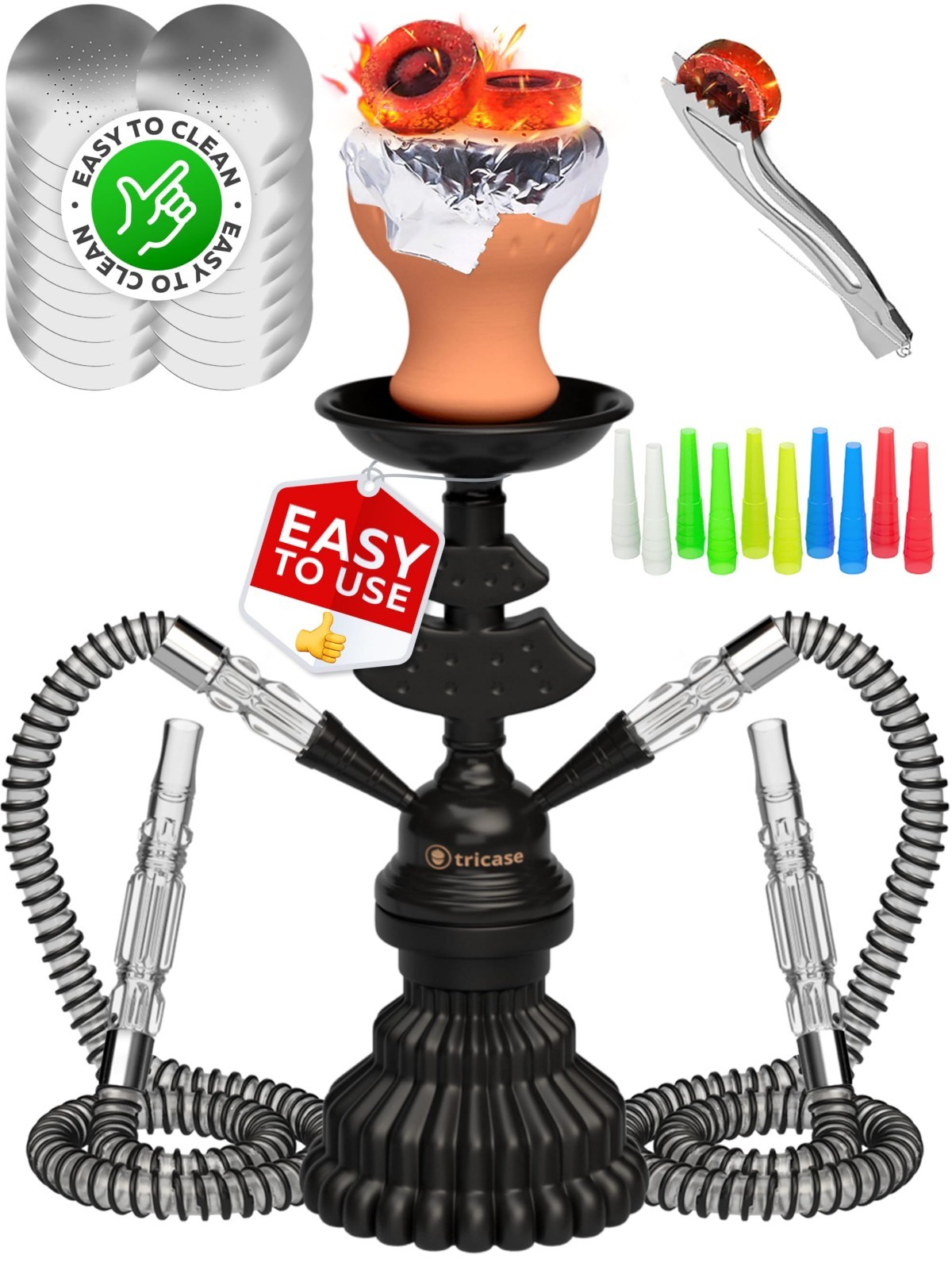 Portable Mini Hookah Set – 12″ Black 2 Hose Hookah, Clay Bowl, Foil Sheets & Tip