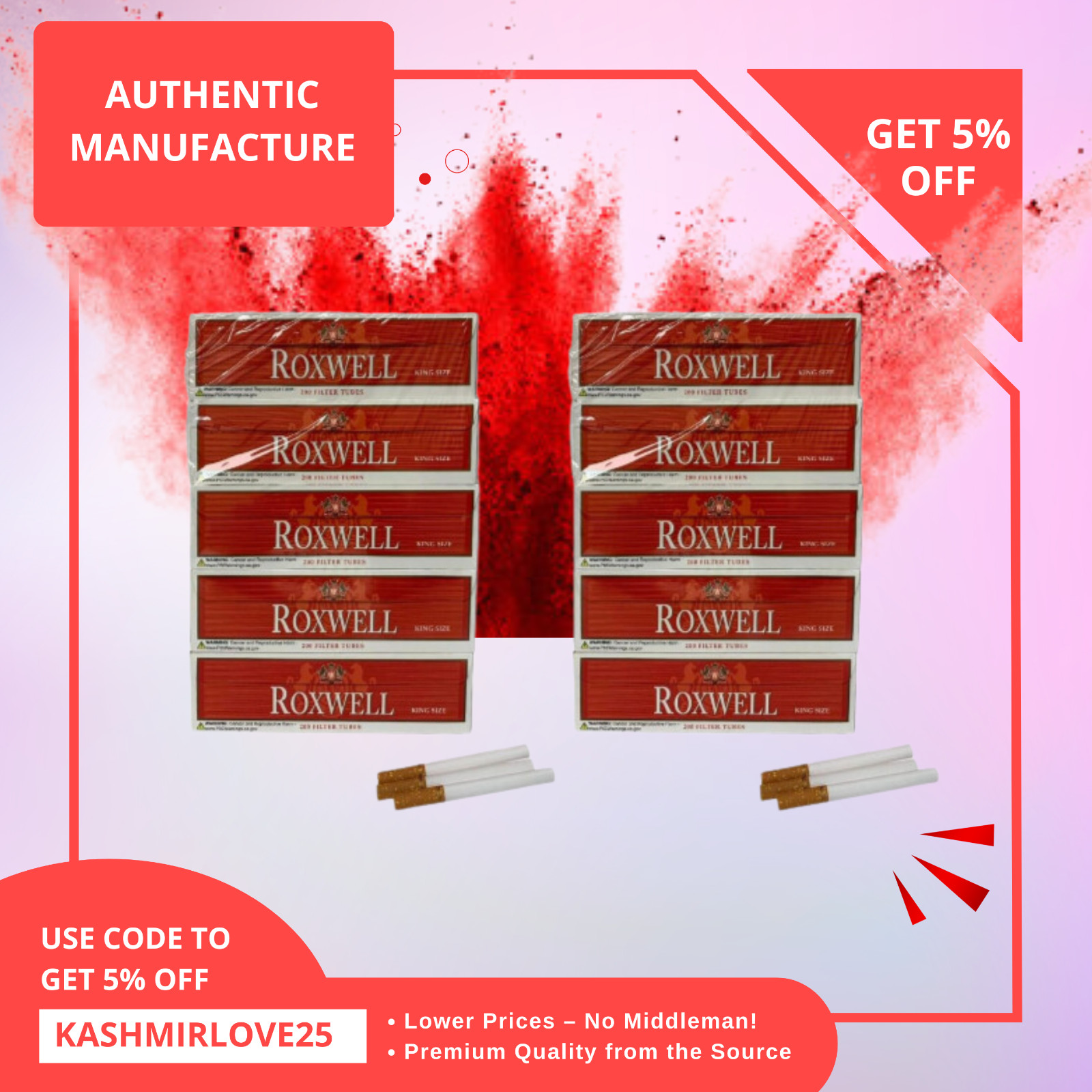 Roxwell Cigarette Tubes King Size Original Red Superior Quality 10 Box of 200 Ct
