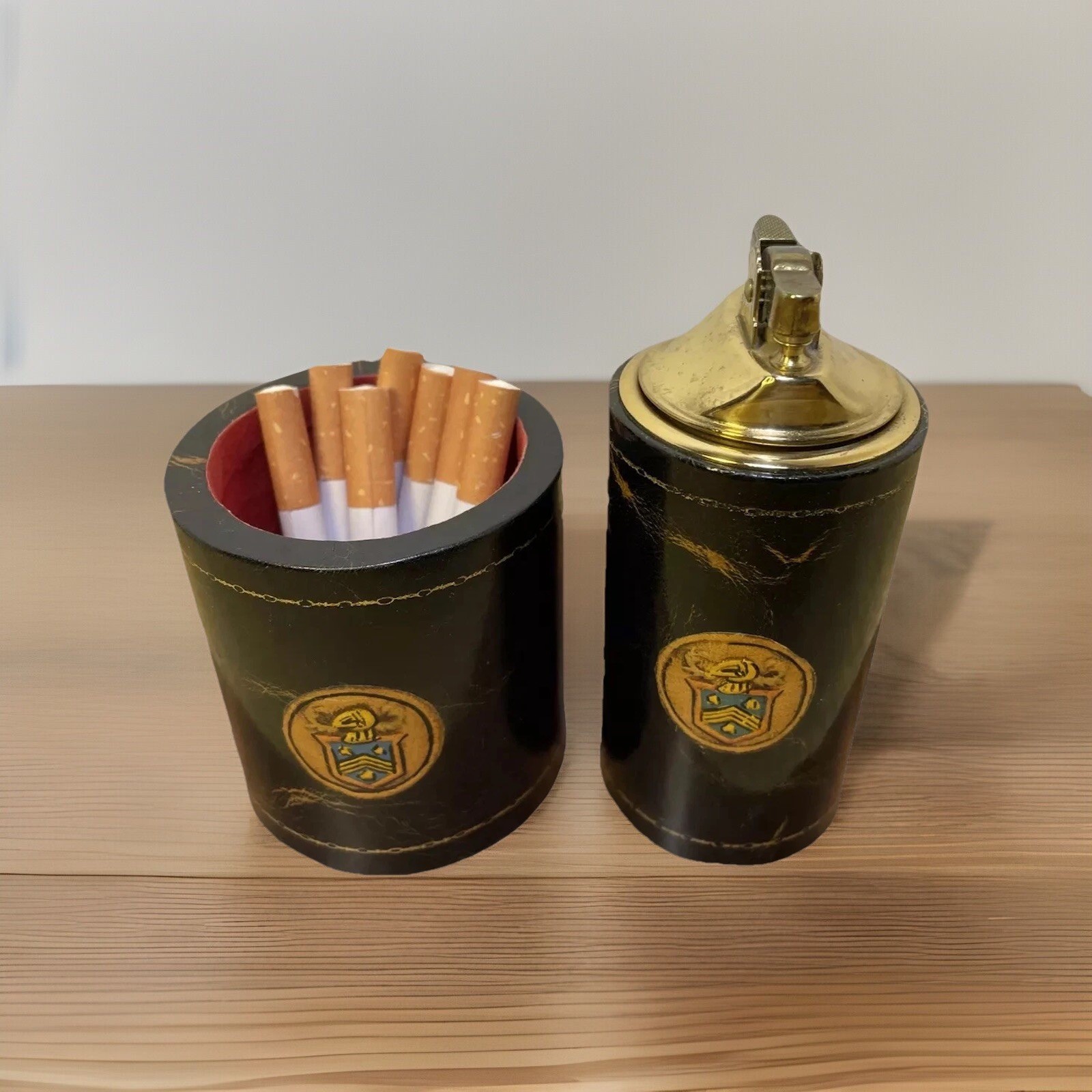 Vtg. Spain Polished Lambskin Cigarette Lighter & Cup Holder Smoke Set Pioneer