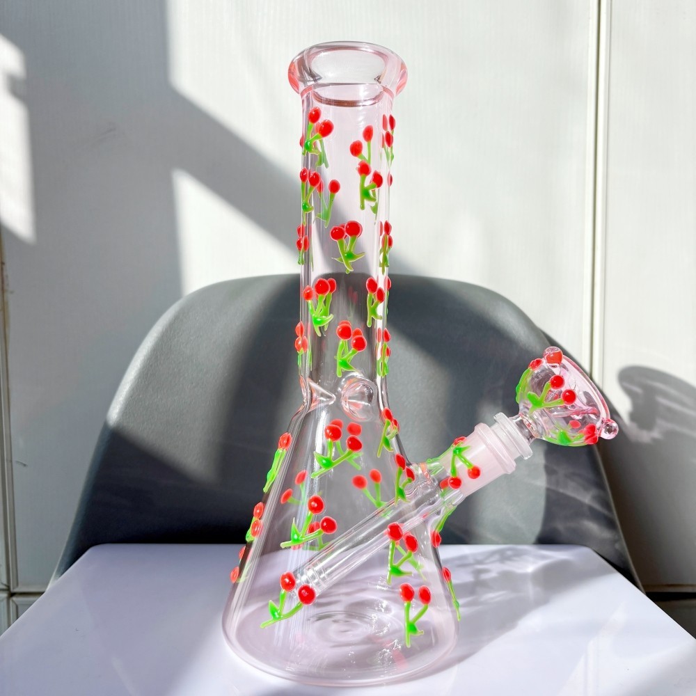 10″ Glow in the Dark Cherry Glass Bong Pink Beaker Water Pipe w/Bowl USA Stock