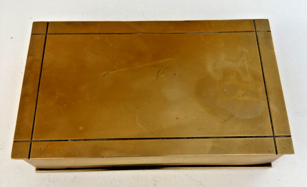 Vintage Silver Crest Genuine Bronze Cigarette Box Wood Liner