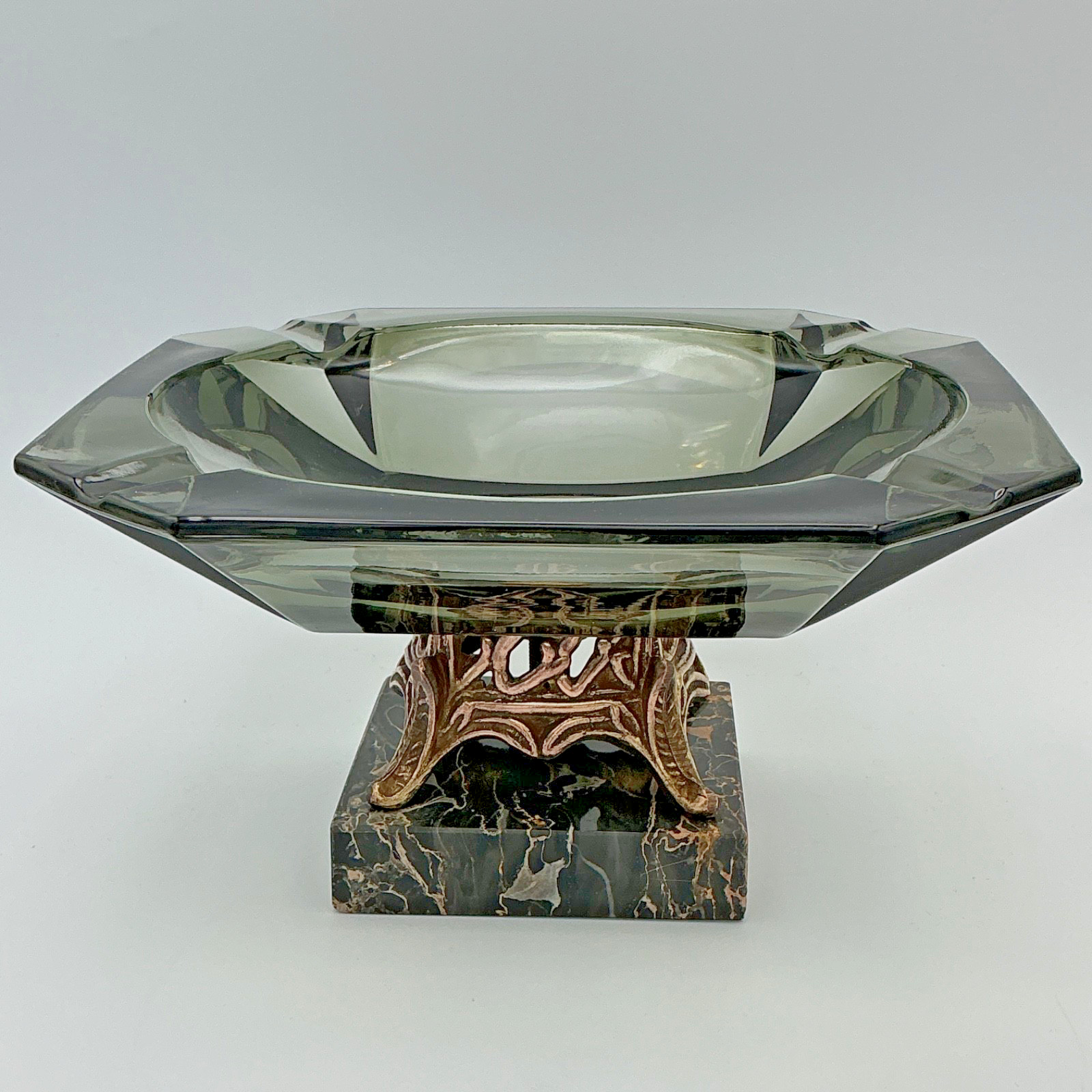 ART DECO Glass ASHTRAY MARBLE Pedestal BRASS Hollywood Regency MID CENTURY Italy