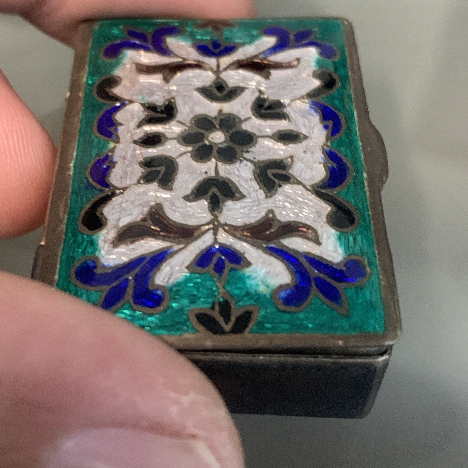 Vintage Silver & Blue And Green Hand Painted Enamel Snuff / Trickle Box Rare