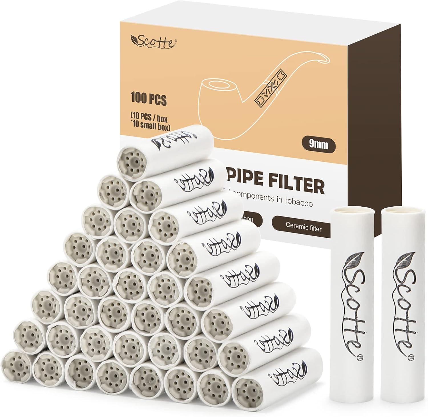 Scotte Pipe Filters 9Mm Activated Carbon Tobacco Pipe Filter with Dual Ceramic C