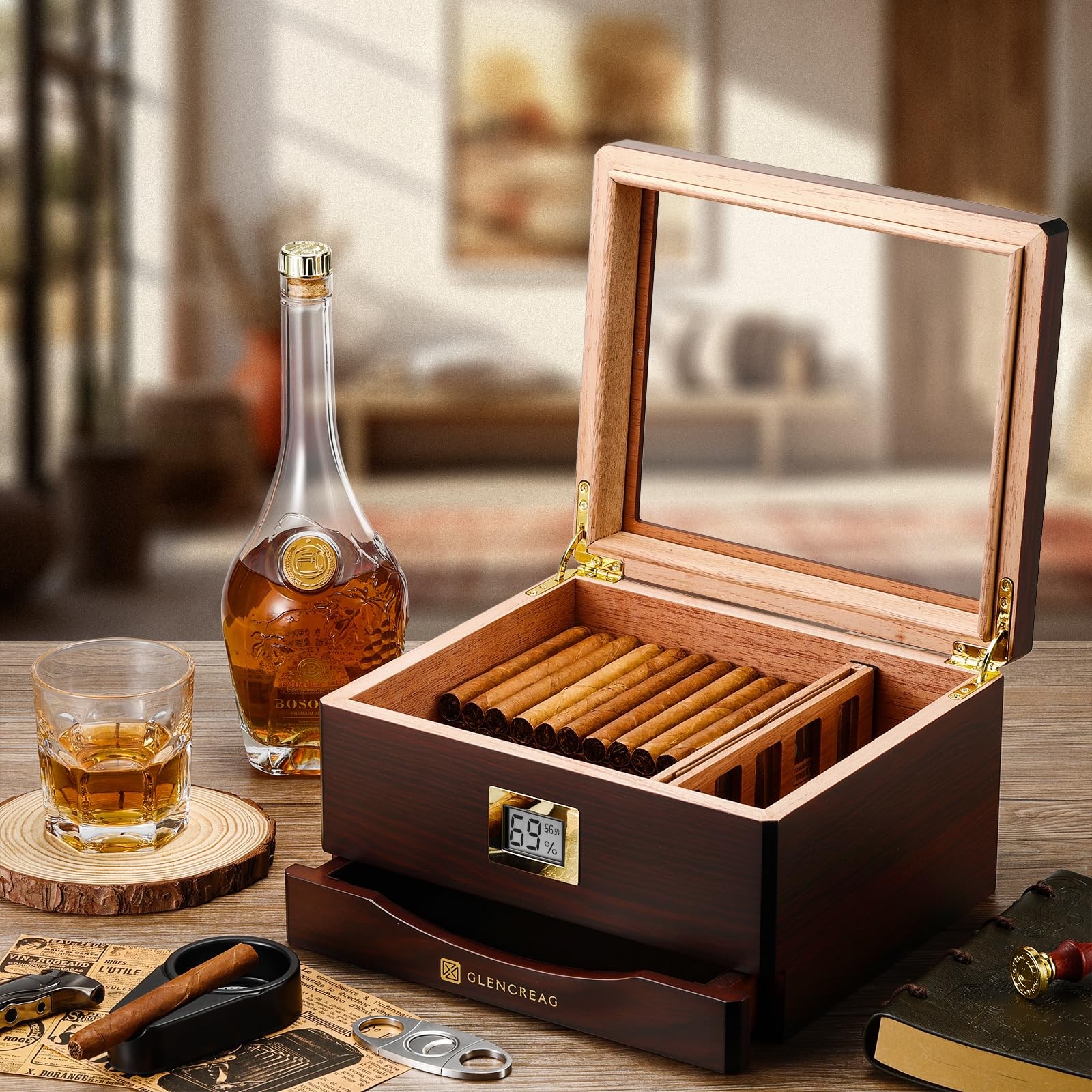 MMT-3041 Cigar Humidor Box for 55 Counts, See-Through Design with Spanish Ced…