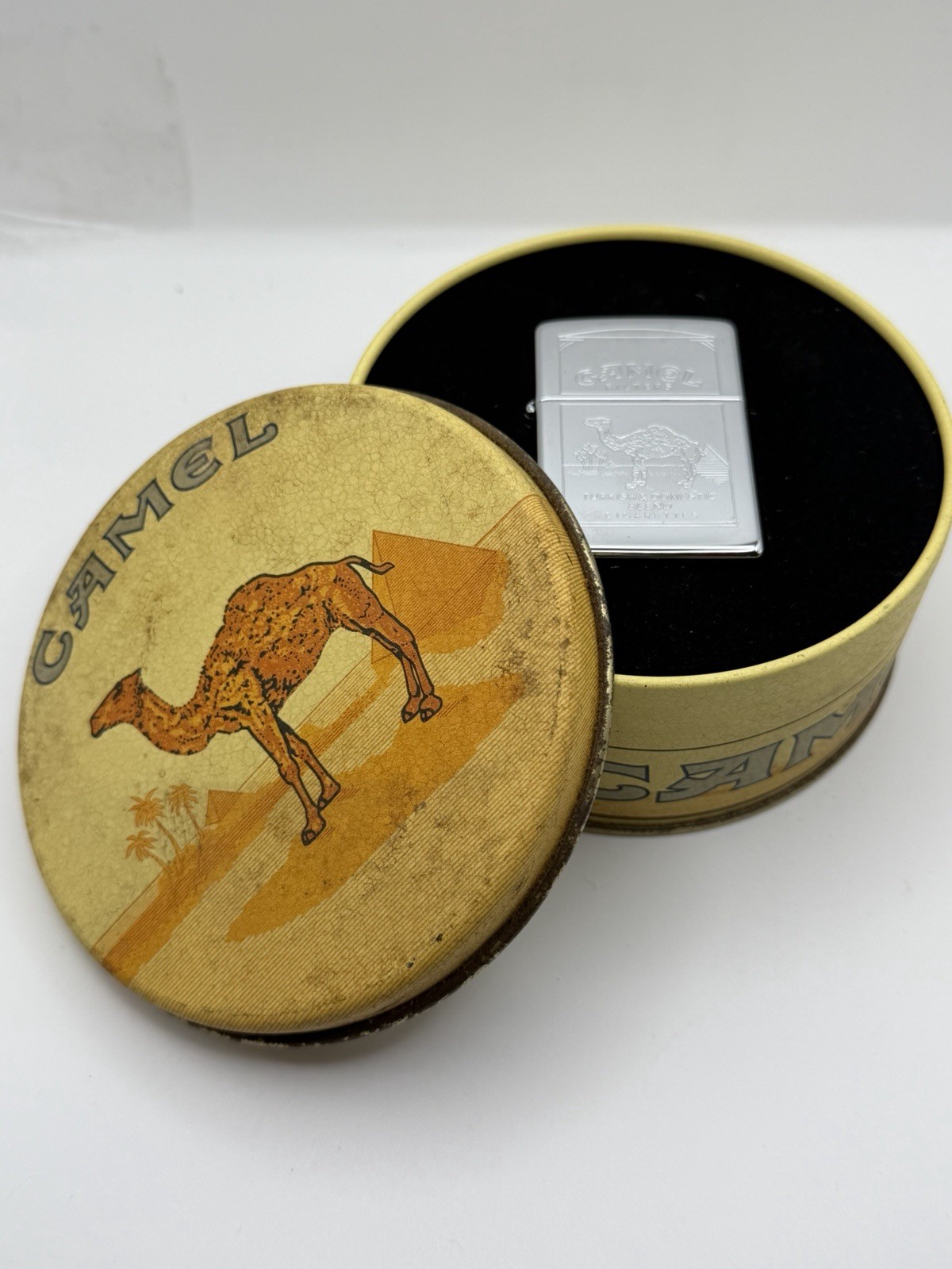 Vintage Camel Turkish Double Sided High Polished Chrome Zippo Lighter NEW In Tin