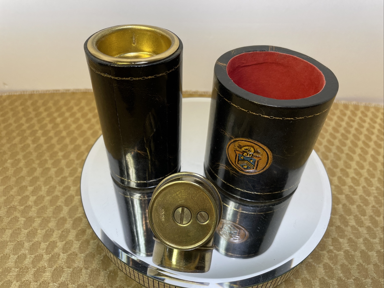 Vtg. Spain Polished Lambskin Cigarette Lighter & Cup Holder Smoke Set Pioneer
