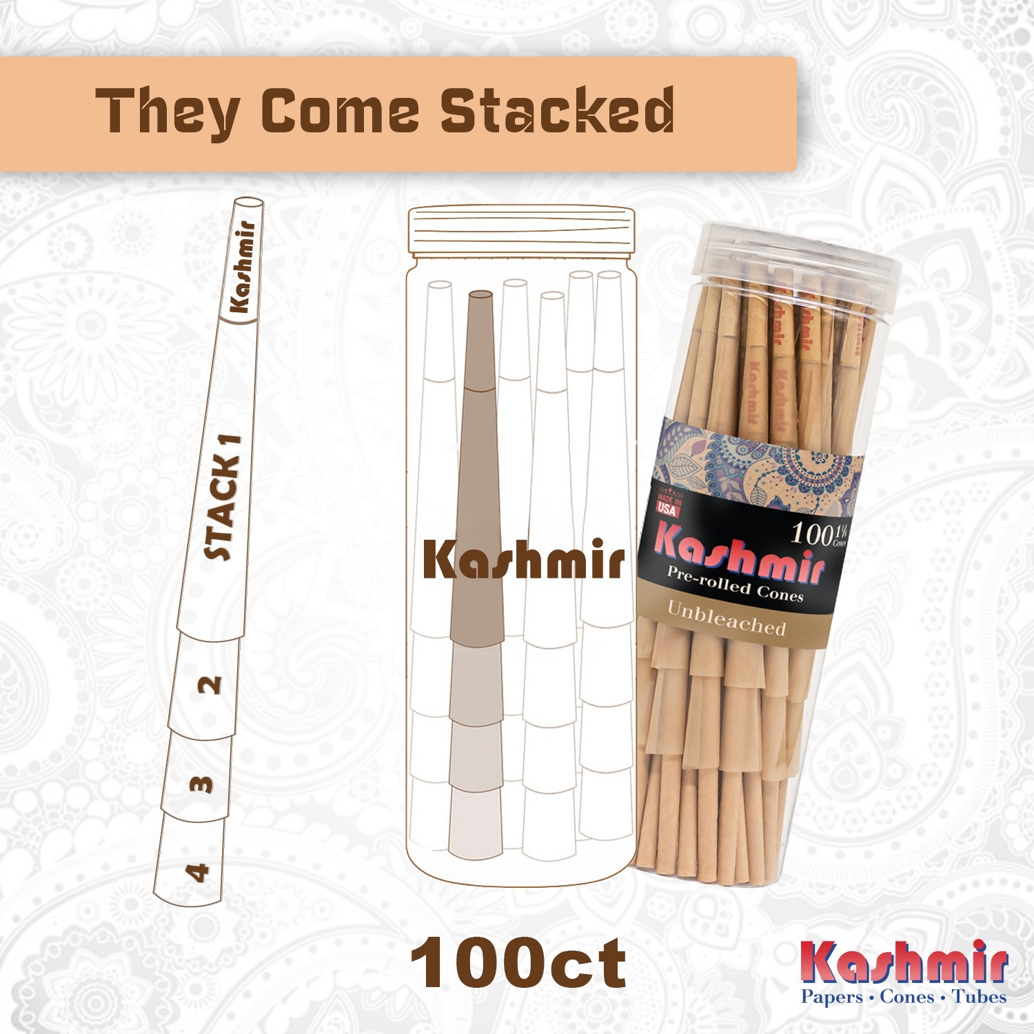 Kashmir Pre Rolled Cones 1 1/4 Size Unbleached Rolling Paper Cones Smooth 100 Ct