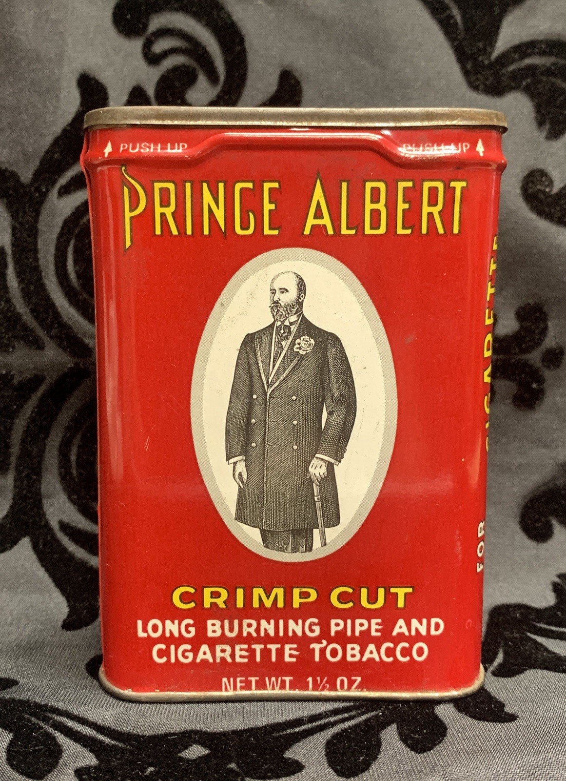Vintage Prince Albert Crimp Cut Tobacco Tin Pocket Can Empty Litho Red 4 1/2”