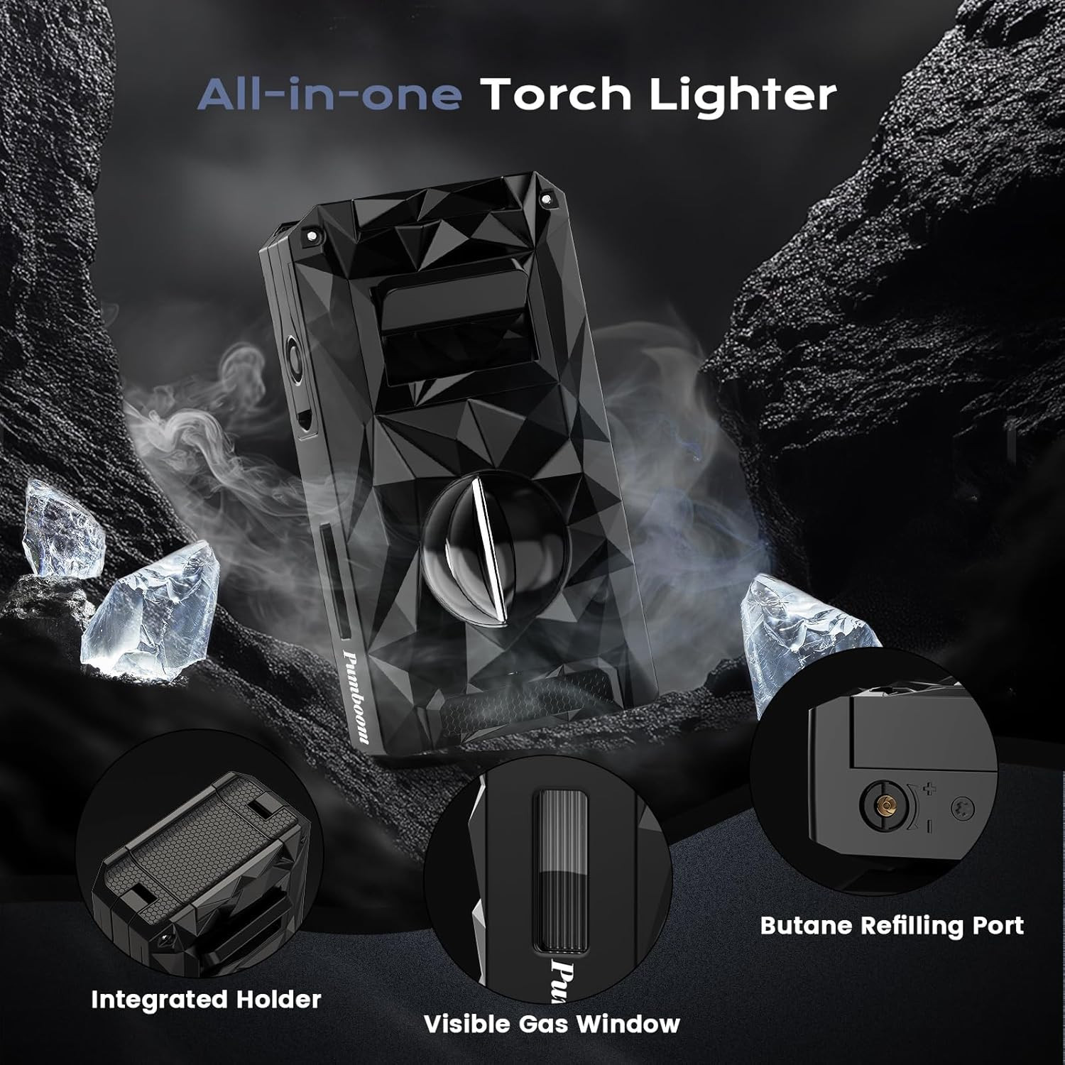 5-In-1 Windproof Lighter with Punch, Draw Enhancer, Holder, Triple Jet Flames an