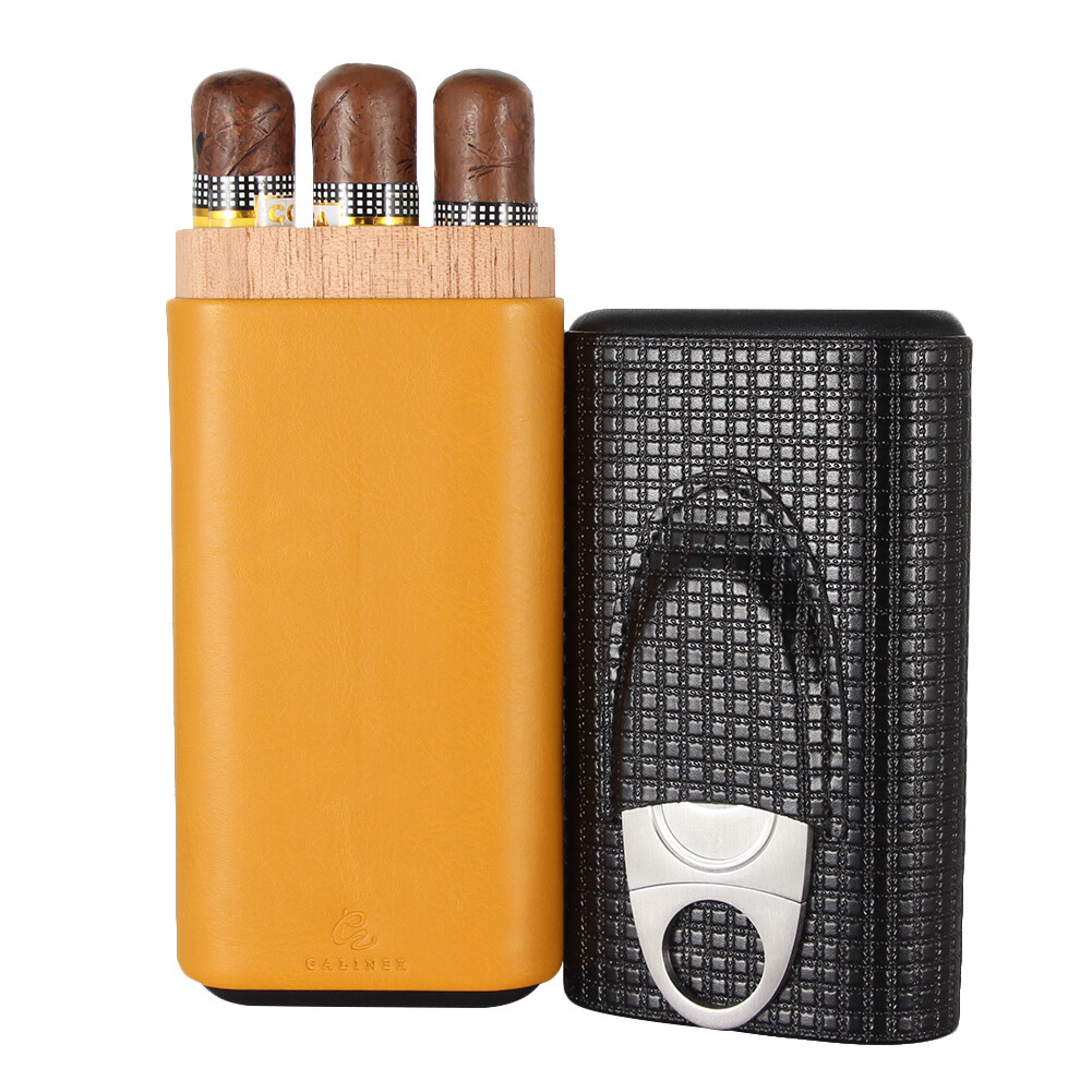 Galiner Travel Leather 3CT Cigar Case Humidor Portable Double Blade Cigar Cutter